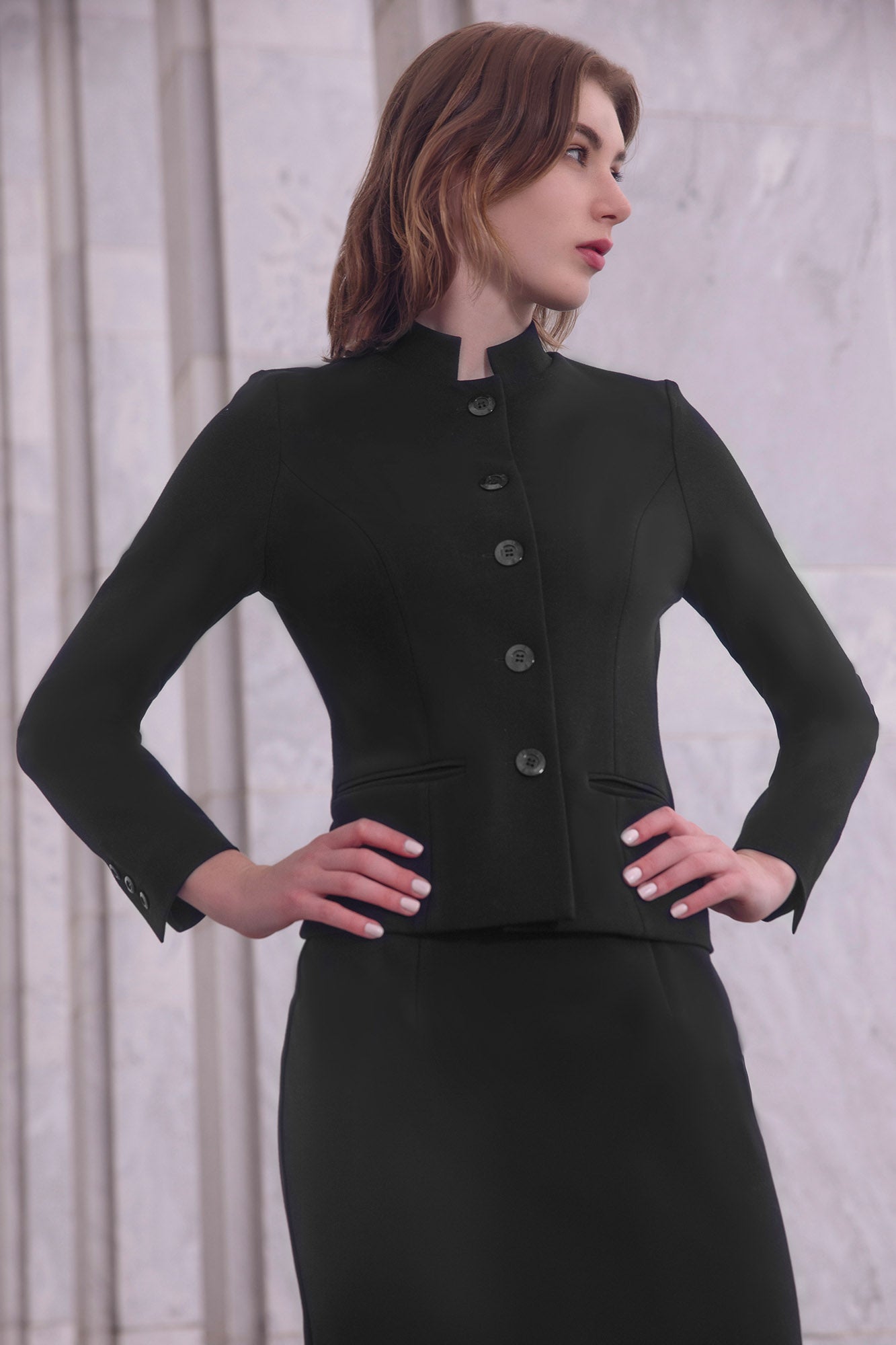 Black Sasha Mandarin Collar Blazer with Black Marcela Pencil Skirt